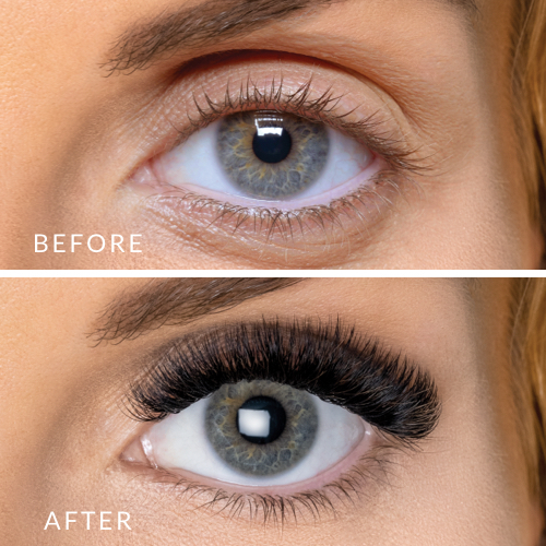 a before and after of lash extensions using omni volume!